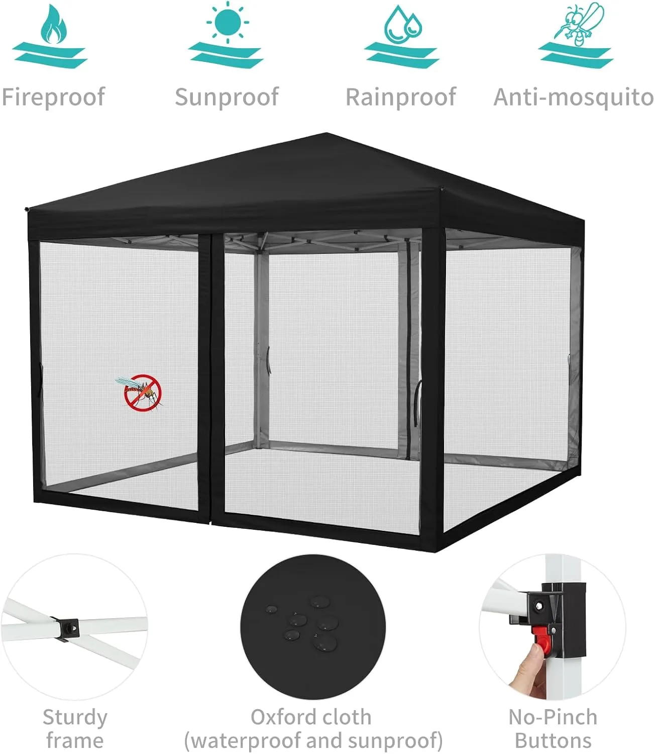10x10 Canopy Tent, Heavy Duty Pop Up Canopy with Mosquito Netting, Waterproof Easy Up Screen Shelter with Wheeled Bag, Outdoor Instant Sun Shade for Parties, Camping, Events, Black