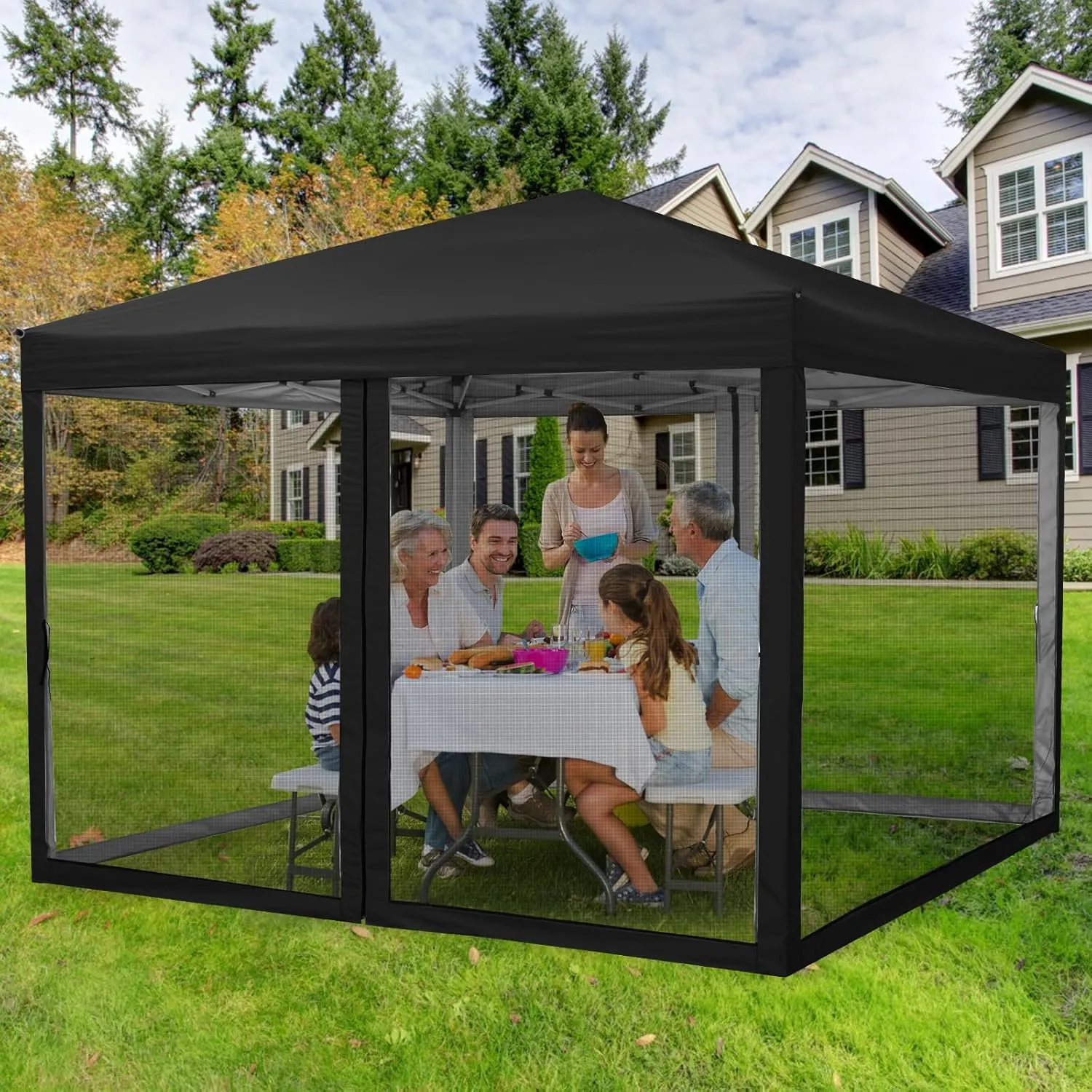 10x10 Canopy Tent, Heavy Duty Pop Up Canopy with Mosquito Netting, Waterproof Easy Up Screen Shelter with Wheeled Bag, Outdoor Instant Sun Shade for Parties, Camping, Events, Black