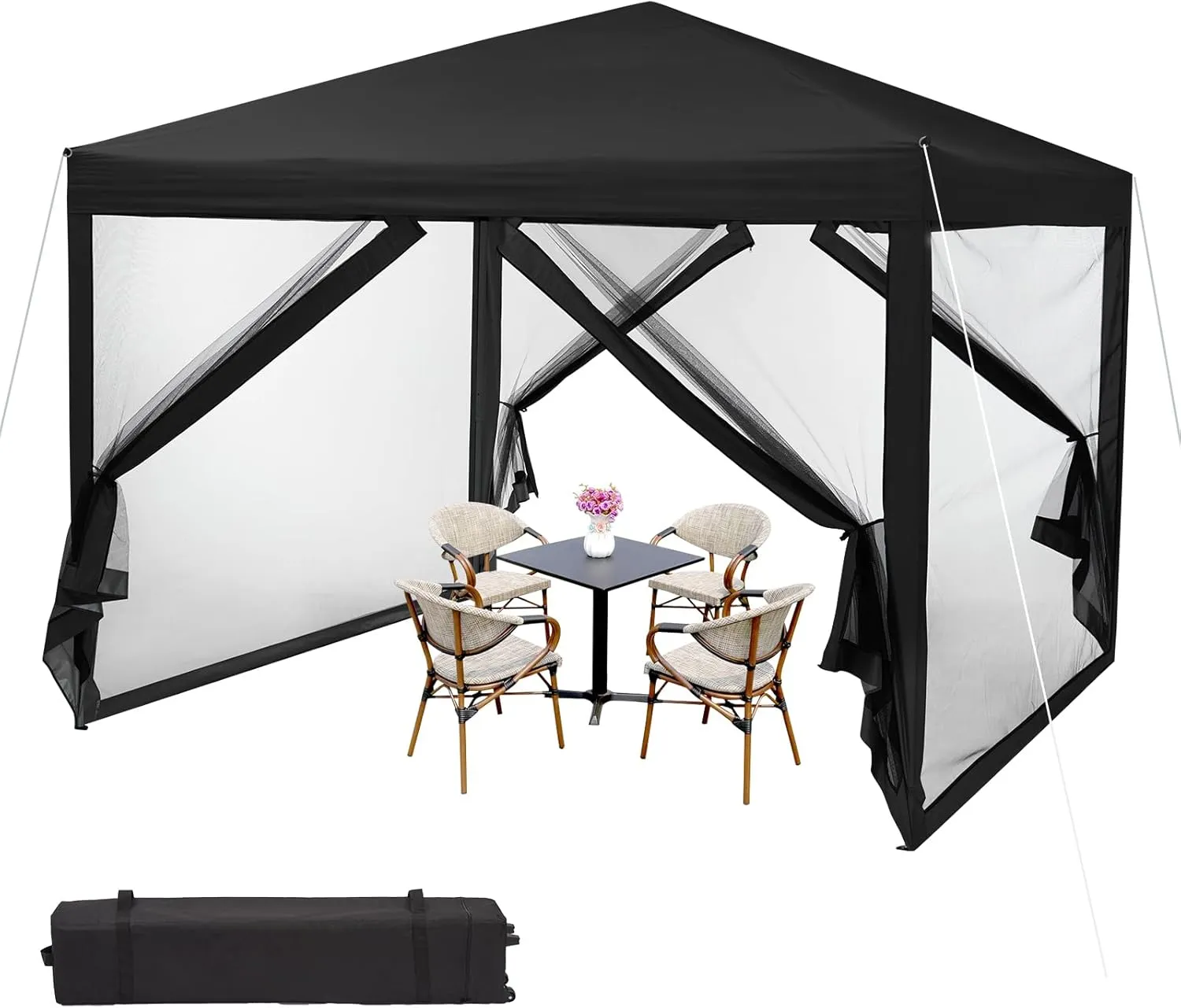 10x10 Canopy Tent, Heavy Duty Pop Up Canopy with Mosquito Netting, Waterproof Easy Up Screen Shelter with Wheeled Bag, Outdoor Instant Sun Shade for Parties, Camping, Events, Black