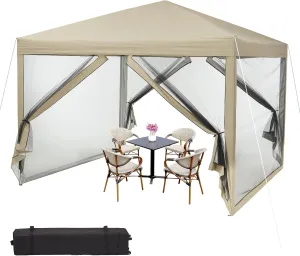 10x10 Canopy Tent, Heavy Duty Pop Up Canopy with Mosquito Netting, Waterproof Easy Up Screen Shelter with Wheeled Bag, Outdoor Instant Sun Shade for Parties, Camping, Events, Khaki