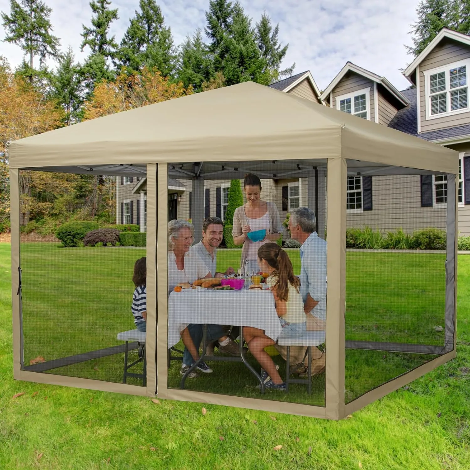 10x10 Canopy Tent, Heavy Duty Pop Up Canopy with Mosquito Netting, Waterproof Easy Up Screen Shelter with Wheeled Bag, Outdoor Instant Sun Shade for Parties, Camping, Events, Khaki