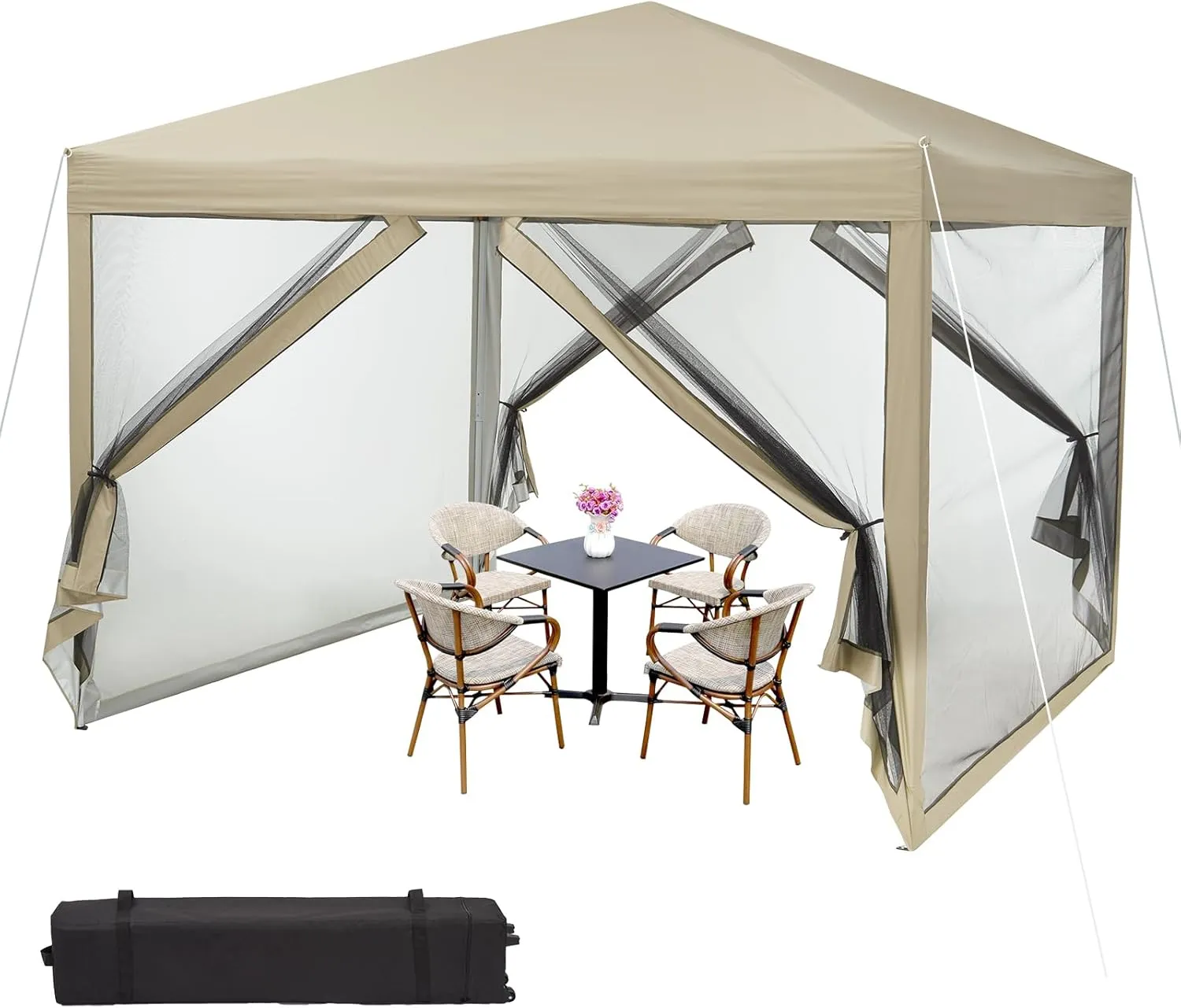 10x10 Canopy Tent, Heavy Duty Pop Up Canopy with Mosquito Netting, Waterproof Easy Up Screen Shelter with Wheeled Bag, Outdoor Instant Sun Shade for Parties, Camping, Events, Khaki
