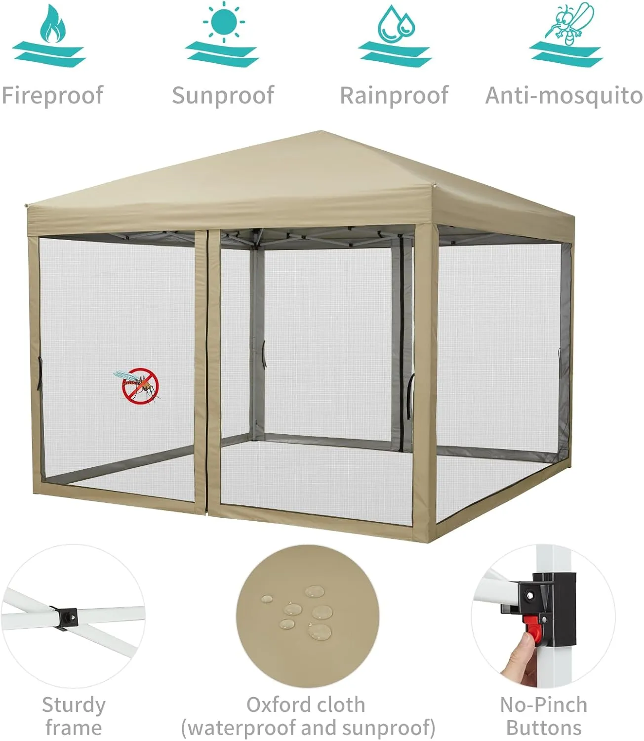 10x10 Canopy Tent, Heavy Duty Pop Up Canopy with Mosquito Netting, Waterproof Easy Up Screen Shelter with Wheeled Bag, Outdoor Instant Sun Shade for Parties, Camping, Events, Khaki