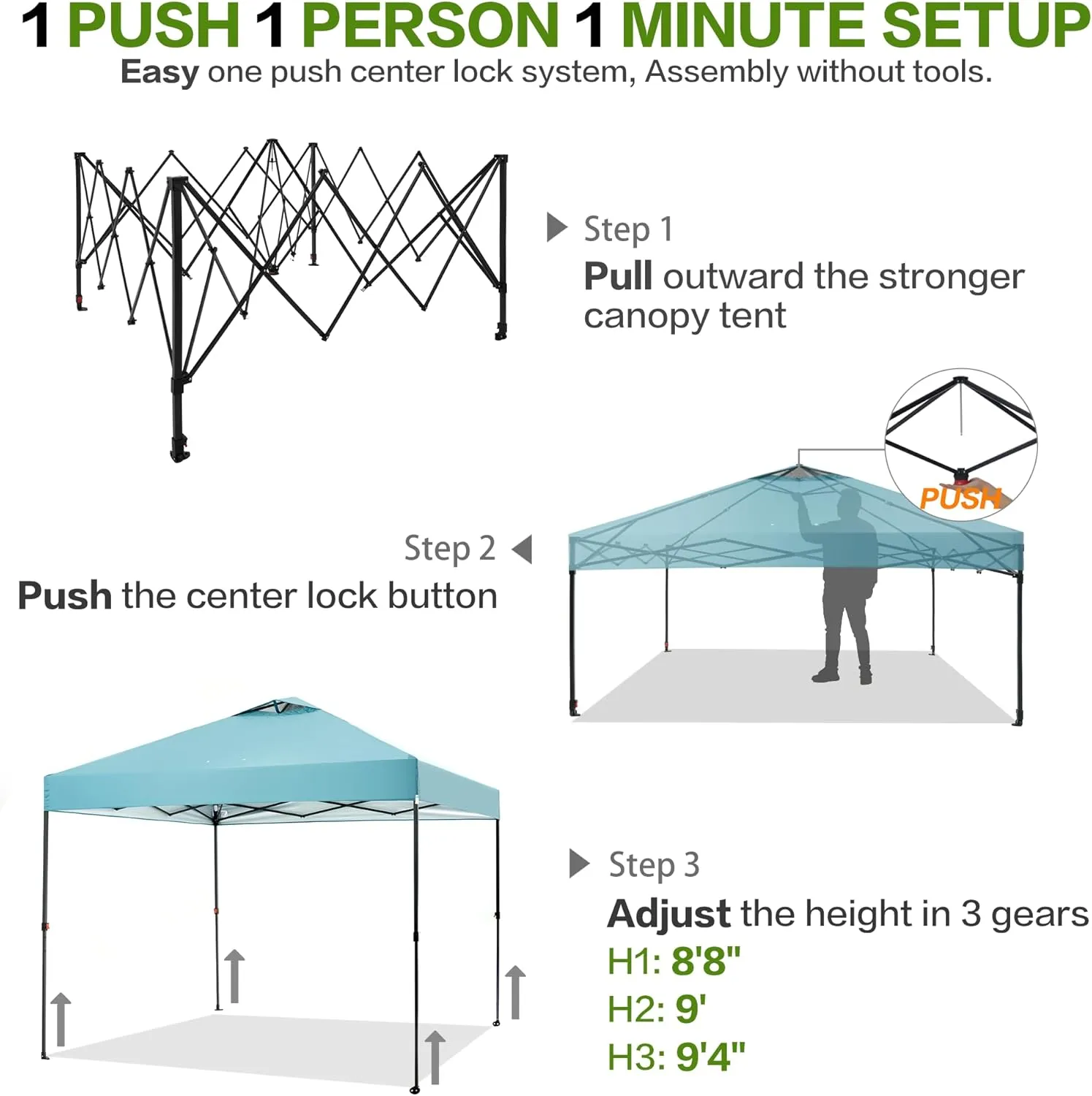 10'x10' Pop Up Canopy Tent with Sidewall and 6 Pockets, Patented One Push, 1 Person Easy up, Instant Shade Canopy with Vented Roof for Patio Outdoor, Case, 8 Stakes, 4 Ropes, 4 Sandbags (Cyan)