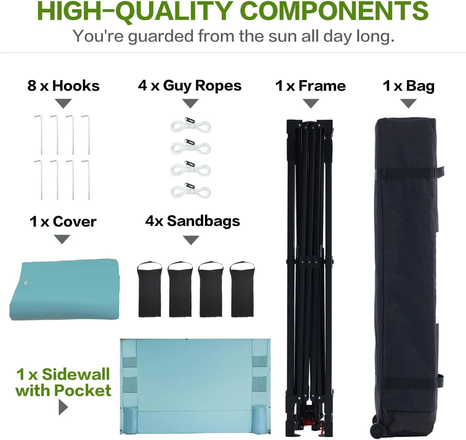 10'x10' Pop Up Canopy Tent with Sidewall and 6 Pockets, Patented One Push, 1 Person Easy up, Instant Shade Canopy with Vented Roof for Patio Outdoor, Case, 8 Stakes, 4 Ropes, 4 Sandbags (Cyan)