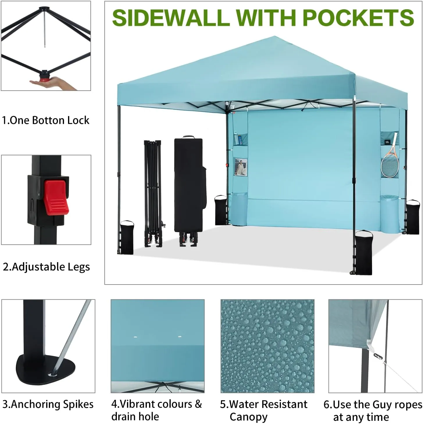 10'x10' Pop Up Canopy Tent with Sidewall and 6 Pockets, Patented One Push, 1 Person Easy up, Instant Shade Canopy with Vented Roof for Patio Outdoor, Case, 8 Stakes, 4 Ropes, 4 Sandbags (Cyan)