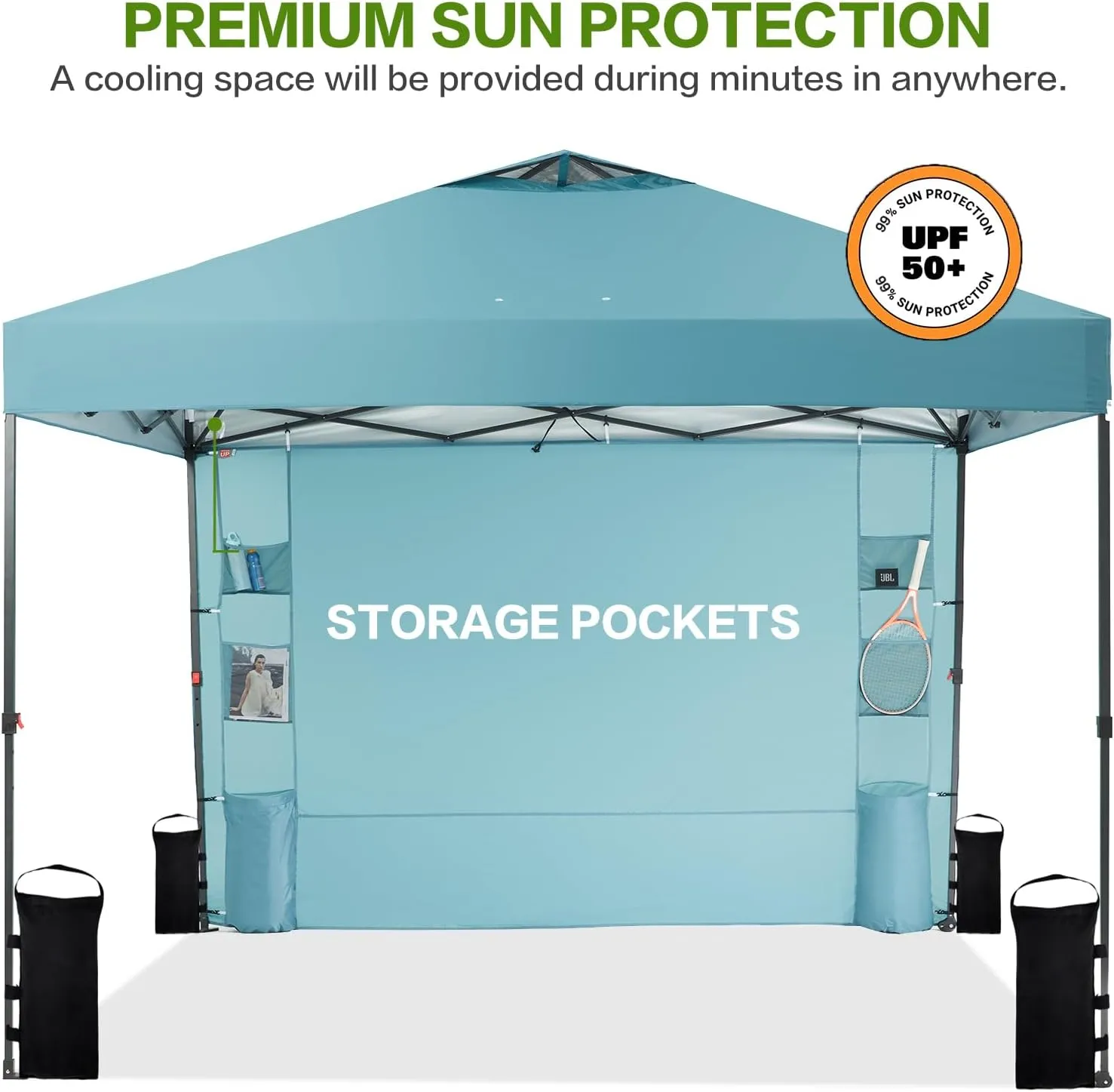 10'x10' Pop Up Canopy Tent with Sidewall and 6 Pockets, Patented One Push, 1 Person Easy up, Instant Shade Canopy with Vented Roof for Patio Outdoor, Case, 8 Stakes, 4 Ropes, 4 Sandbags (Cyan)