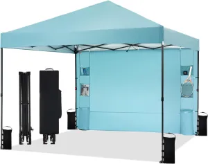 10'x10' Pop Up Canopy Tent with Sidewall and 6 Pockets, Patented One Push, 1 Person Easy up, Instant Shade Canopy with Vented Roof for Patio Outdoor, Case, 8 Stakes, 4 Ropes, 4 Sandbags (Cyan)