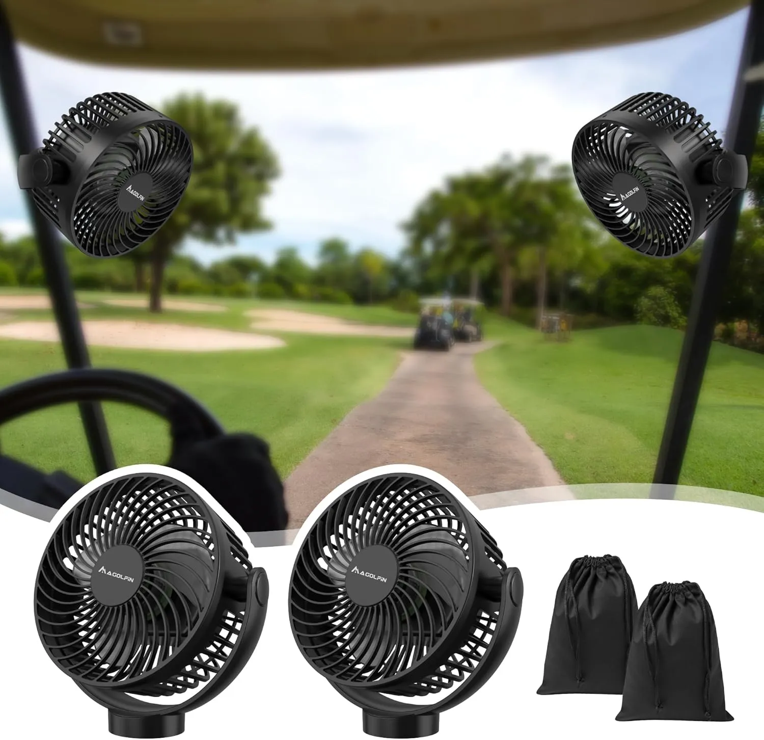 2-Pack Magnetic Golf Cart Fan Rechargeable, 12000mAH Battery Operated Portable Fan with 3 Speeds, LED Lantern, Magnetic Base, Suitable for EZGO Club Car Yamaha, Golf Cart & Cruise Ship Accessories