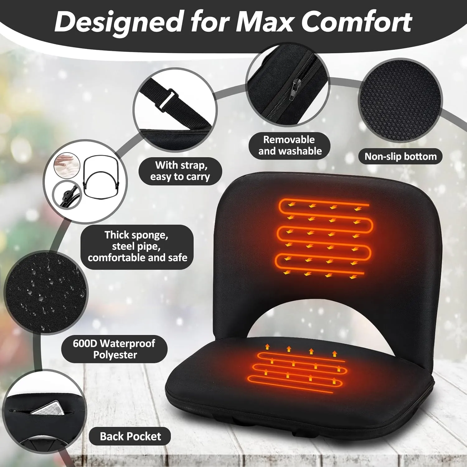 2PC Dual-Sided Heated Stadium Seats for Bleachers with Back Support, 3 Levels Heated Bleacher Seat with Backrest, 6 Reclining Positions Heated Stadium Chair with 20In Wide Cushion