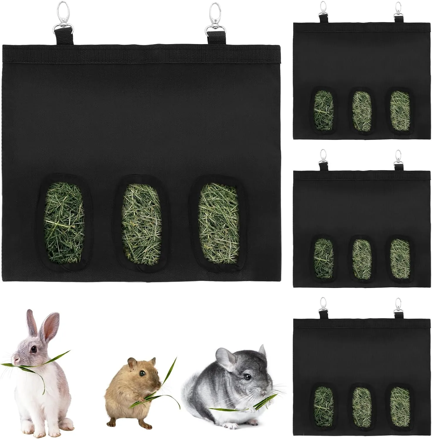 4Pcs Rabbit Hay Feeder Bag, 3 Hole Hay Bag for Rabbits, Guinea Pig Hay Feeder, Small Animal Hanging Hay Feeder for Rabbits Bunny Chinchillas Hamsters and Other Small Pets (Black)