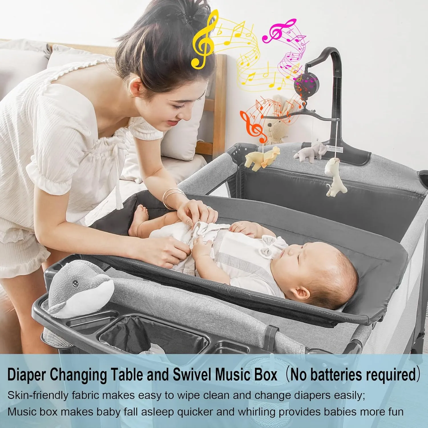 5-in-1 Pack and Play, Baby Bassinet Bedside Sleeper with U-Shaped Diaper Changer, Portable Toddler Playard for Newborn Toddlers, Baby Crib with 4 Adjustable Height, Carry Bag,Easy to Install (Grey)