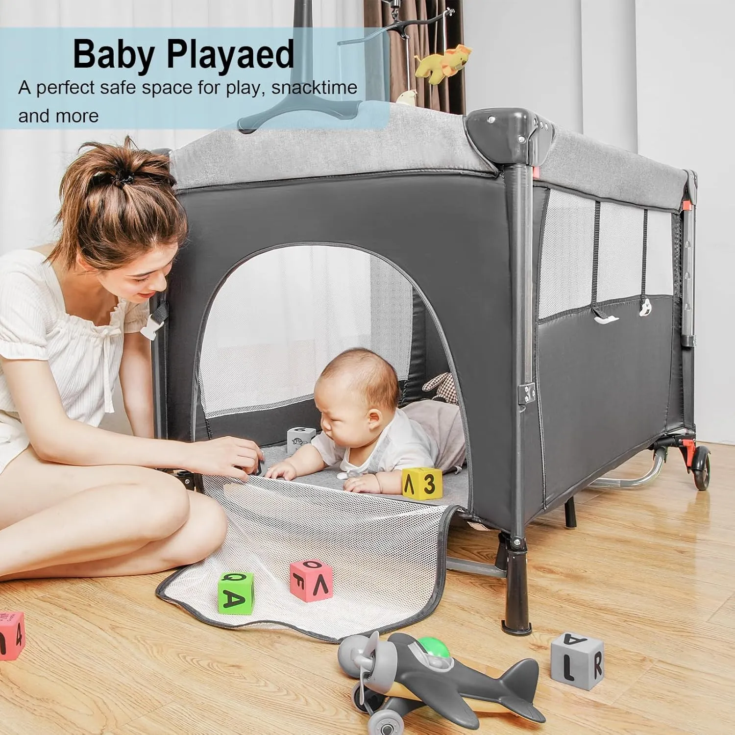 5-in-1 Pack and Play, Baby Bassinet Bedside Sleeper with U-Shaped Diaper Changer, Portable Toddler Playard for Newborn Toddlers, Baby Crib with 4 Adjustable Height, Carry Bag,Easy to Install (Grey)
