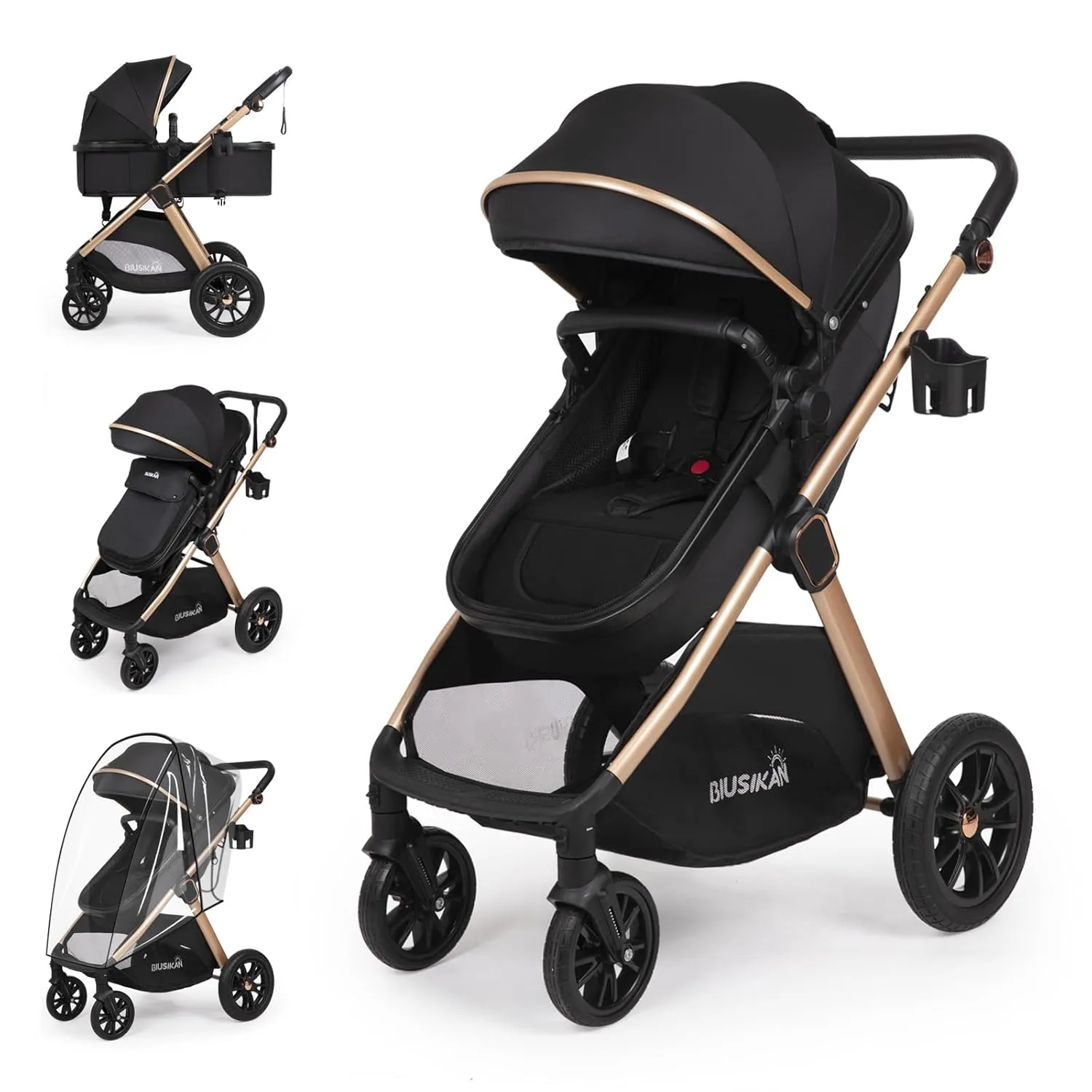 6-in-1 Convertible Baby Stroller with Bassinet Mode - Toddler Stroller w/Footmuff, Rain Cover, Cup Holder & Large Storage, Newborn Stroller w/All-Scene Large Wheels, Reversible Seat(Black)
