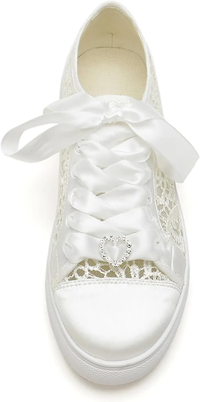 A580-03 Women's Wedding Shoes Bridal Sneakers Flats Bride Tennis Shoes Cutout Lace Sneakers
