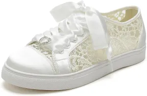 A580-03 Women's Wedding Shoes Bridal Sneakers Flats Bride Tennis Shoes Cutout Lace Sneakers