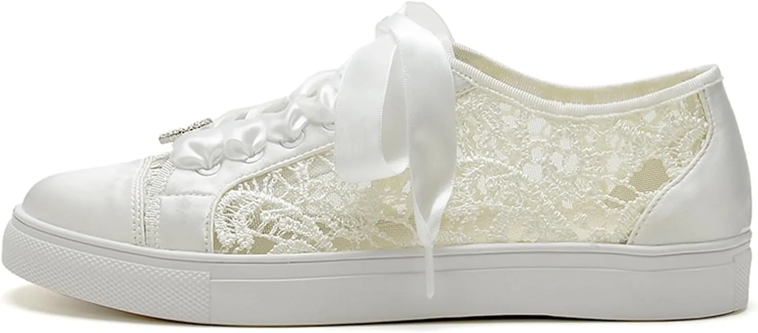 A580-03 Women's Wedding Shoes Bridal Sneakers Flats Bride Tennis Shoes Cutout Lace Sneakers