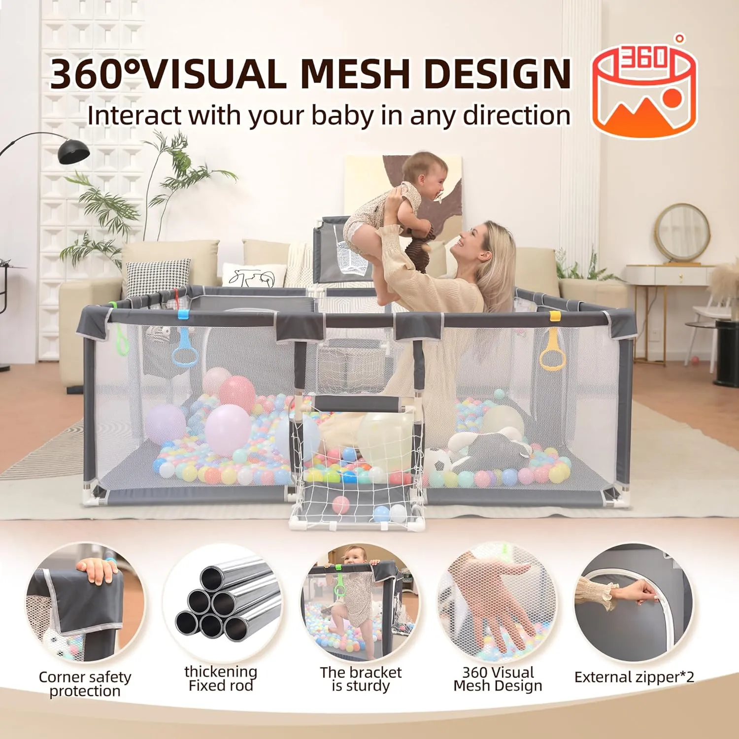 Baby Playpen, Indoor Safety Play Area for Infants and Toddlers (Grey, 73"x71")