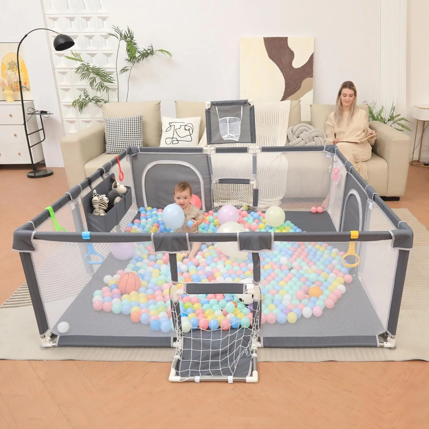 Baby Playpen, Indoor Safety Play Area for Infants and Toddlers (Grey, 73"x71")