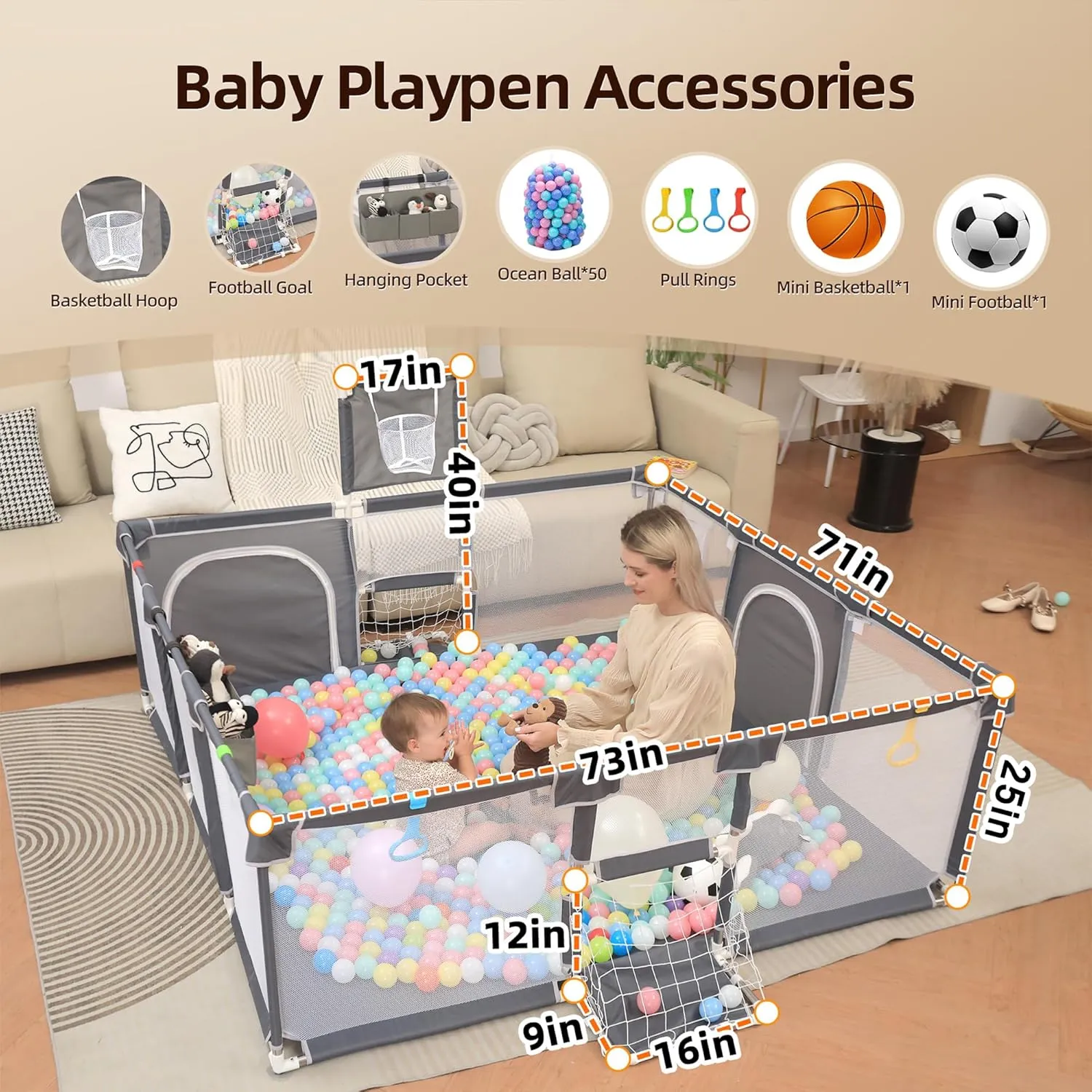 Baby Playpen, Indoor Safety Play Area for Infants and Toddlers (Grey, 73"x71")