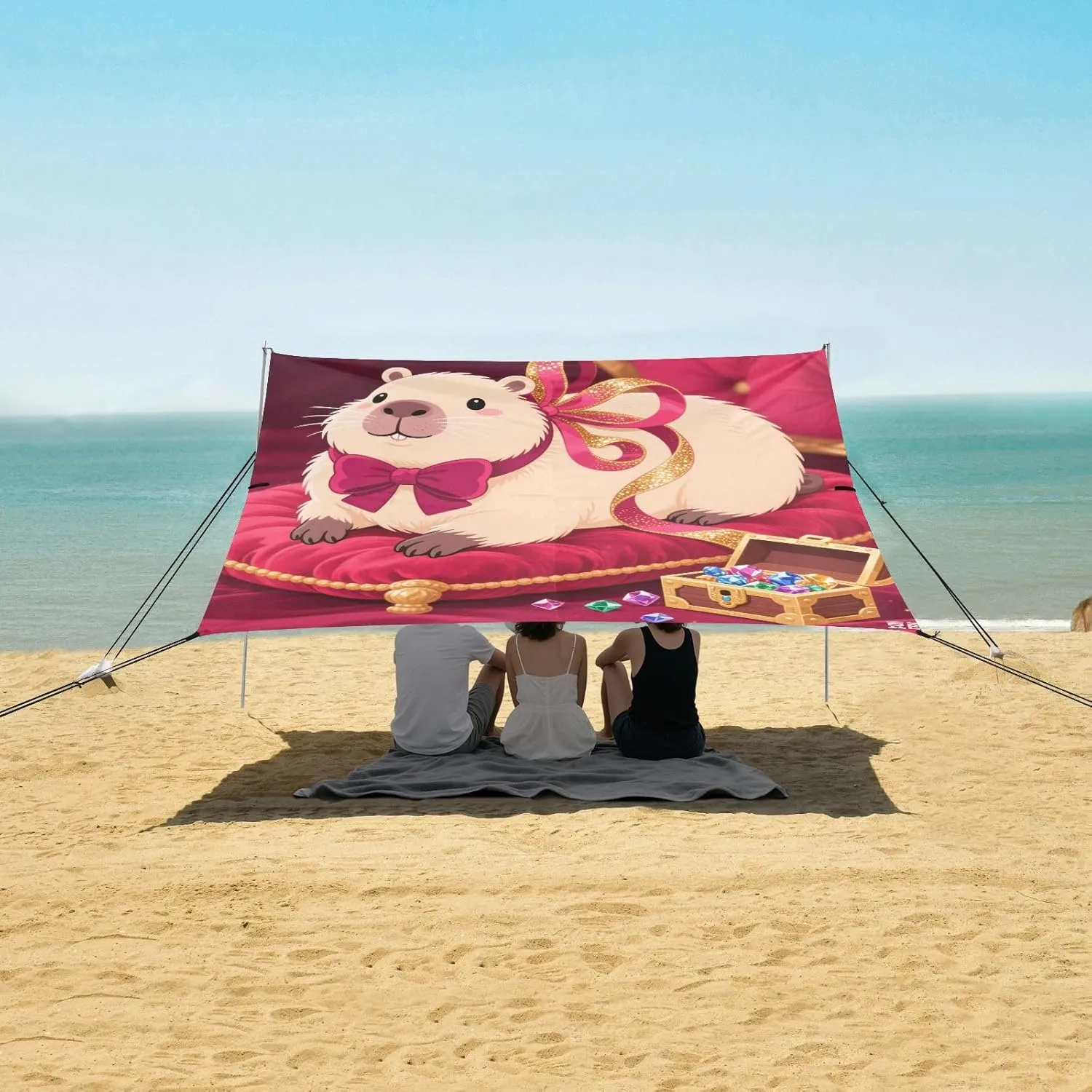 Beach Shade Tent with UPF50  UV Protection,Cute Capybara with Jewelry Lightweight Camping Sun Shelter for Outdoor,Camping Trips, Fishing, Backyard,Picnics,Easy Set Up and Carry 9x10.5 FT