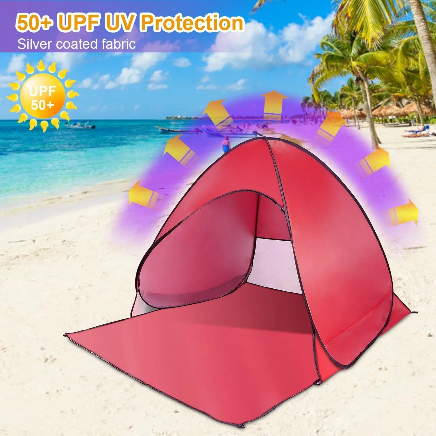 Beach Tent Pop Up Beach Tent Sun Shade Shelter Anti-UV Automatic Waterproof Tent Canopy for 2-3 Person w/Net Window Storage Bag for Outdoor Beach Camping Fishing Park