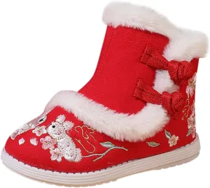 Breathable Boots for Baby Short Boots Toddler Gilrs Cloth Shoes Rubber Sole Warm Winter Snow Boots Embroidery Print
