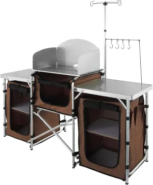 Camping Kitchen Table, Folding Outdoor Cooking Table with Storage Carrying Bag, Aluminum Cook Station 3 Cupboard & Detachable Windscreen, Quick Set-up compatible with Picnics, BBQ, RV Traveling, Brown