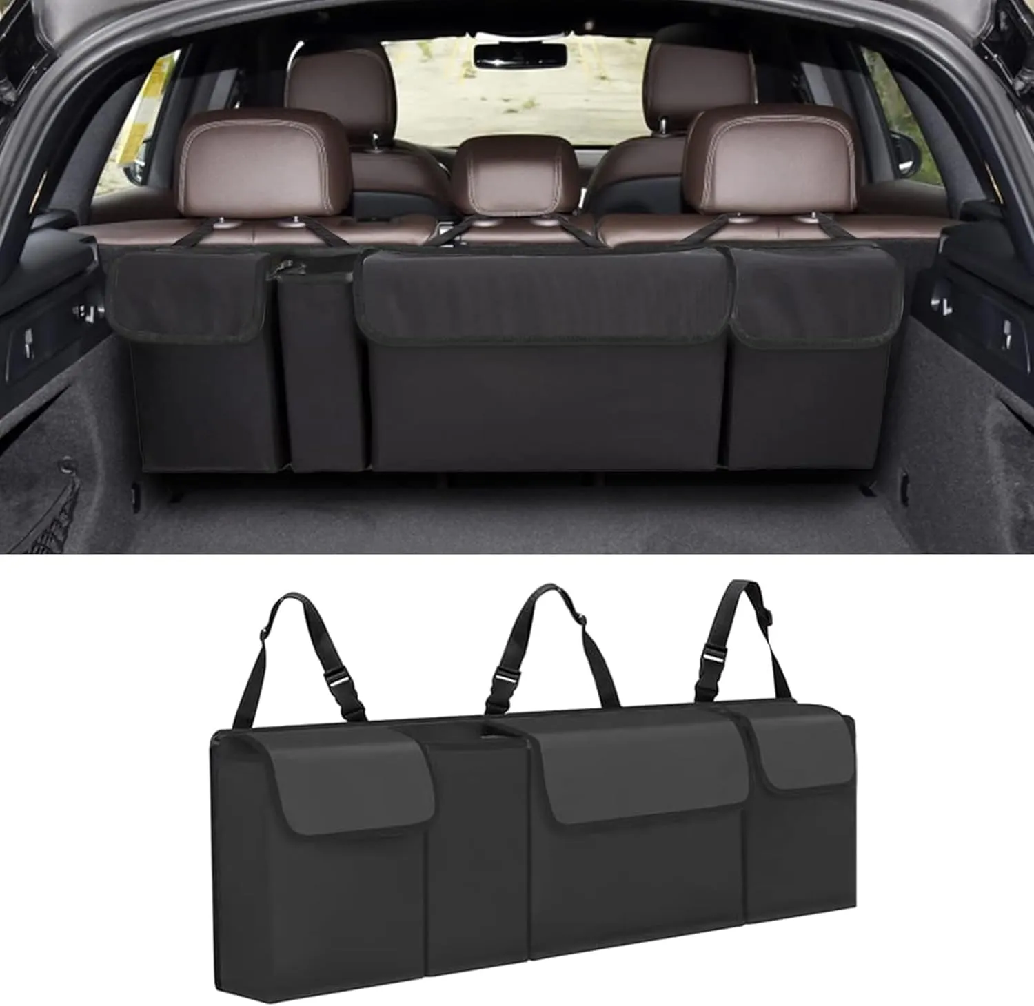 Car Trunk Organizer, Backseat Hanging Large Storage with Adjustable Straps,Waterproof PVC Collapsible Cargo Bag, Car Interior Accessories for Auto SUV MPV (Black)