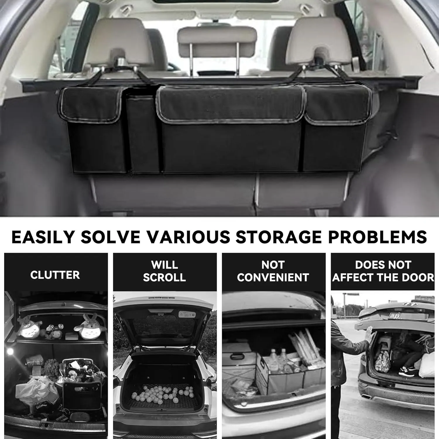 Car Trunk Organizer, Backseat Hanging Large Storage with Adjustable Straps,Waterproof PVC Collapsible Cargo Bag, Car Interior Accessories for Auto SUV MPV (Black)