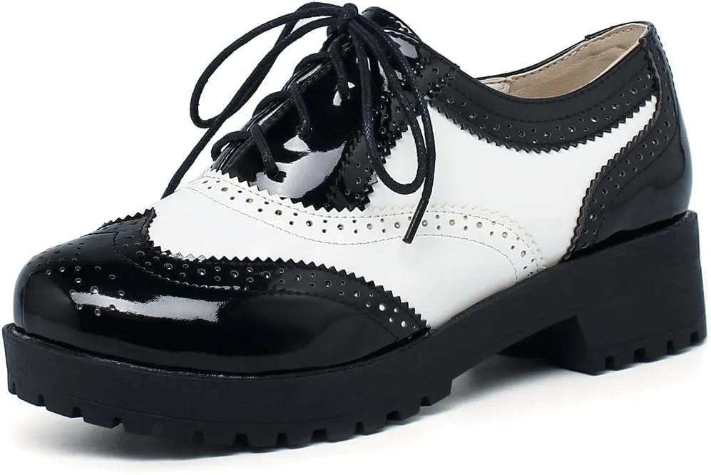 Caradise Womens Patent Platform Wingtip Oxford Block Heel Lace Up Brogues
