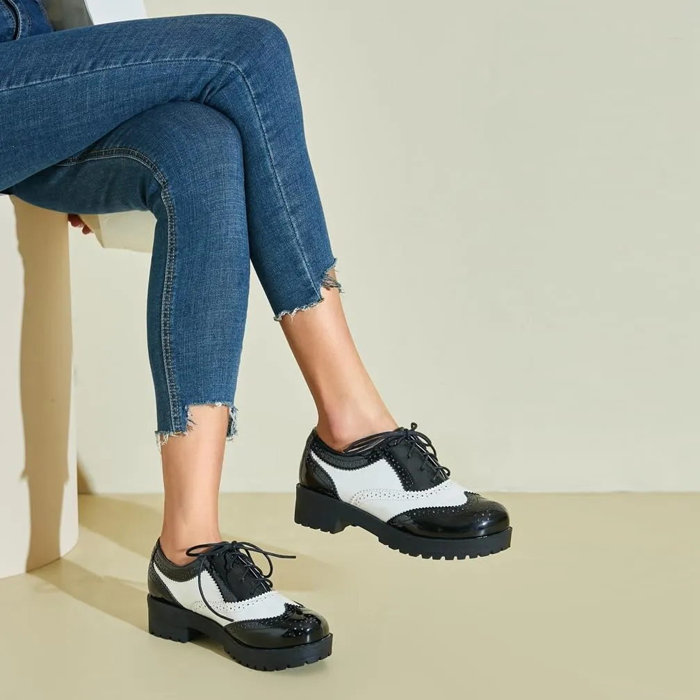 Caradise Womens Patent Platform Wingtip Oxford Block Heel Lace Up Brogues
