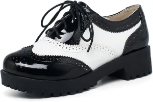 Caradise Womens Patent Platform Wingtip Oxford Block Heel Lace Up Brogues