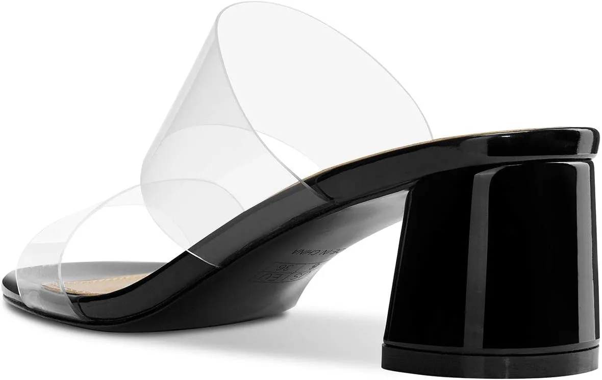 Castamere Womens Chunky Block Mid Heels Sandals Slip On Transparent Ankle Strap Open Toe 5CM Heeled Sandal