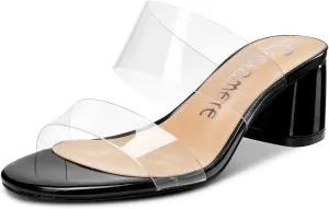 Castamere Womens Chunky Block Mid Heels Sandals Slip On Transparent Ankle Strap Open Toe 5CM Heeled Sandal