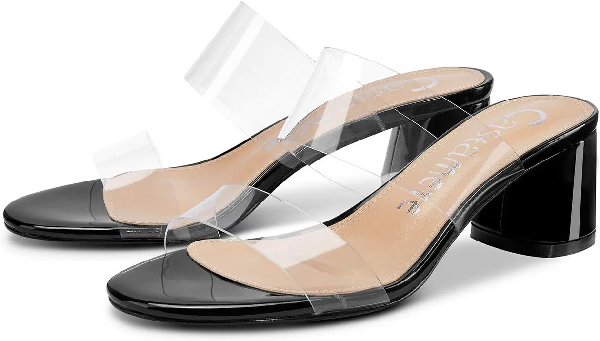 Castamere Womens Chunky Block Mid Heels Sandals Slip On Transparent Ankle Strap Open Toe 5CM Heeled Sandal