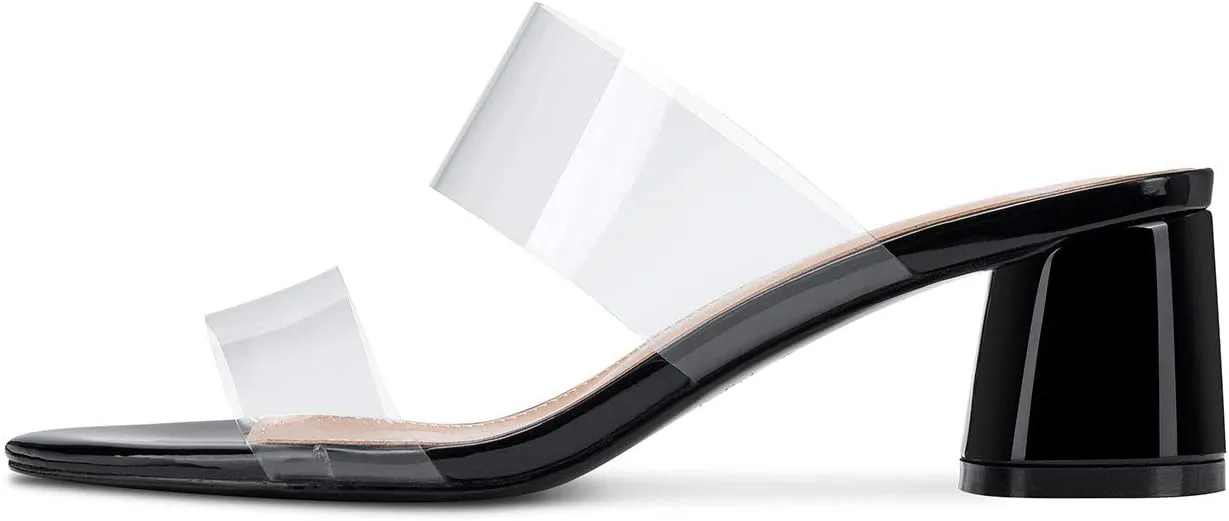Castamere Womens Chunky Block Mid Heels Sandals Slip On Transparent Ankle Strap Open Toe 5CM Heeled Sandal
