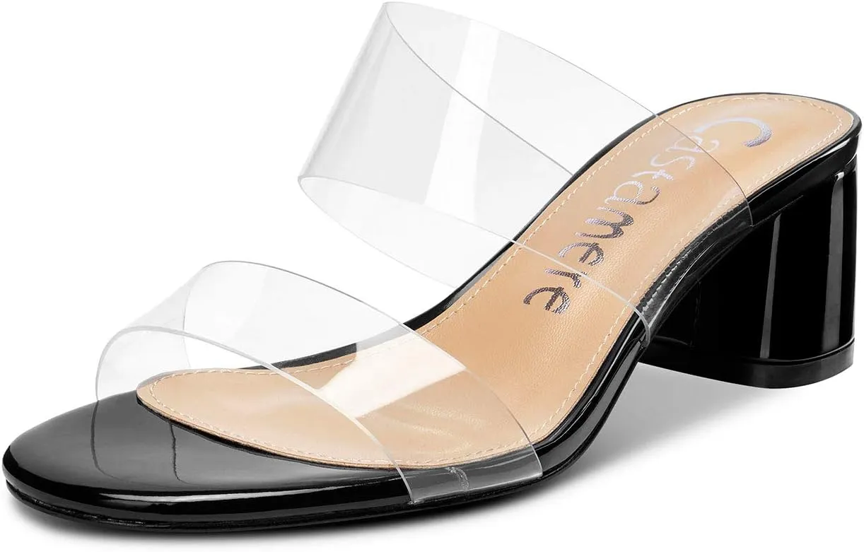Castamere Womens Chunky Block Mid Heels Sandals Slip On Transparent Ankle Strap Open Toe 5CM Heeled Sandal