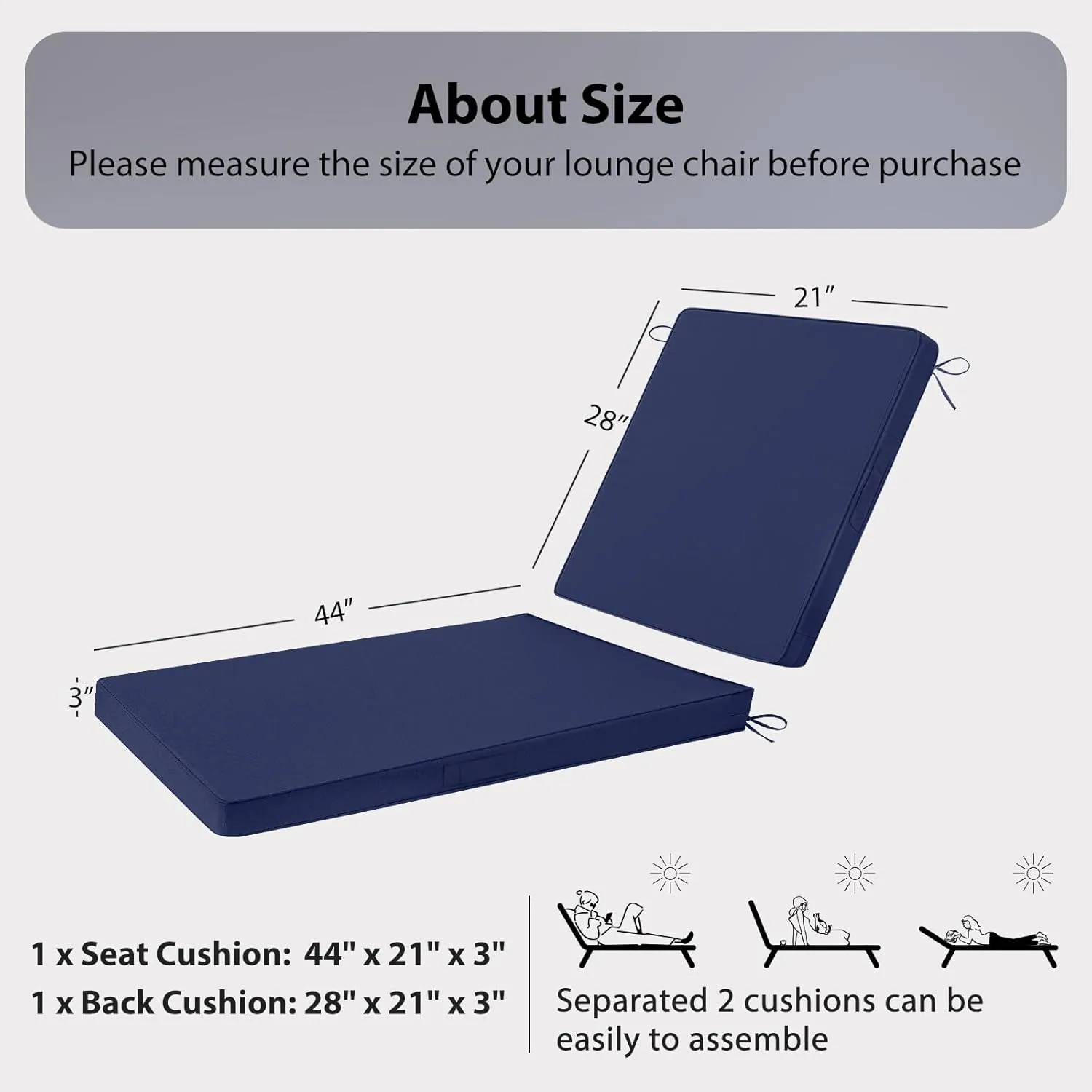 Chaise Lounge Cushions Outdoor, 72"x21"x3" Triple-Waterproof Outdoor Chair Cushions with Removable Cover, 4 Adjustable Ties Lounge Chair Cushions for Outdoor Furniture, Navy