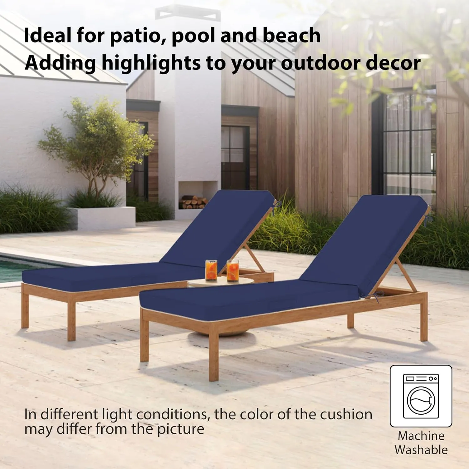 Chaise Lounge Cushions Outdoor, 72"x21"x3" Triple-Waterproof Outdoor Chair Cushions with Removable Cover, 4 Adjustable Ties Lounge Chair Cushions for Outdoor Furniture, Navy
