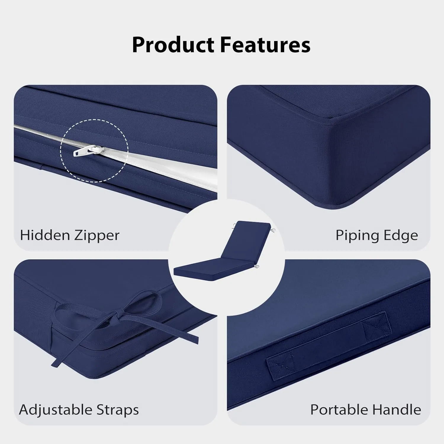 Chaise Lounge Cushions Outdoor, 72"x21"x3" Triple-Waterproof Outdoor Chair Cushions with Removable Cover, 4 Adjustable Ties Lounge Chair Cushions for Outdoor Furniture, Navy