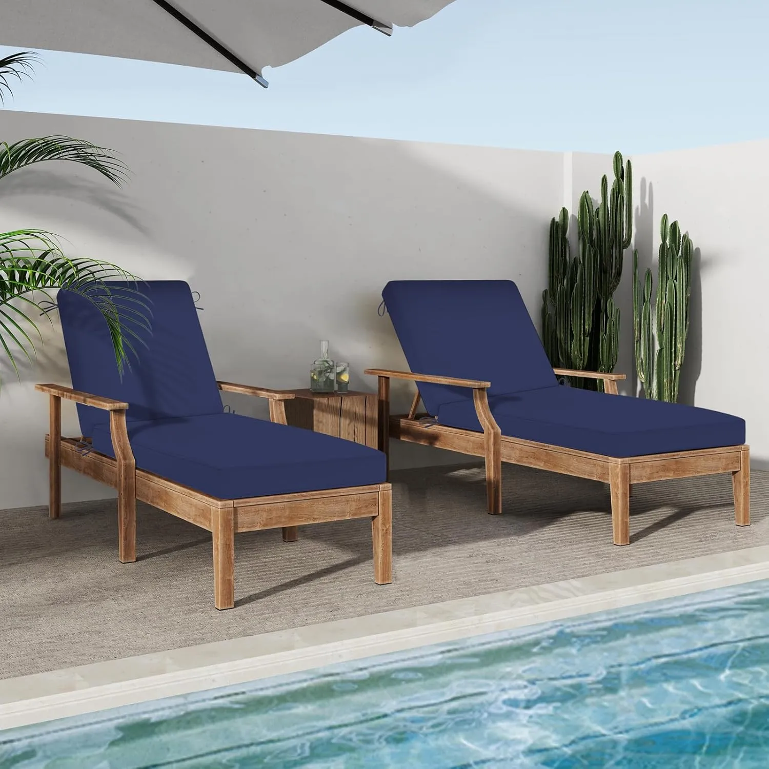 Chaise Lounge Cushions Outdoor, 72"x21"x3" Triple-Waterproof Outdoor Chair Cushions with Removable Cover, 4 Adjustable Ties Lounge Chair Cushions for Outdoor Furniture, Navy