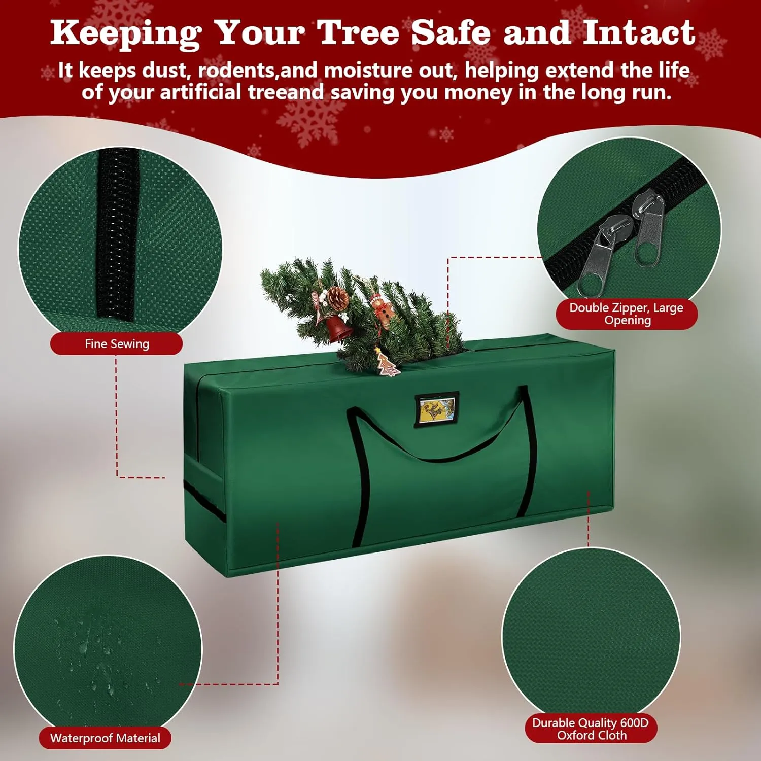 Christmas Tree Storage Bag 7.5 FT - Large Christmas Tree Storage, Heavy Duty 600D Oxford Fabric with Dual Zippers Wide Opening, Waterproof Material, Green