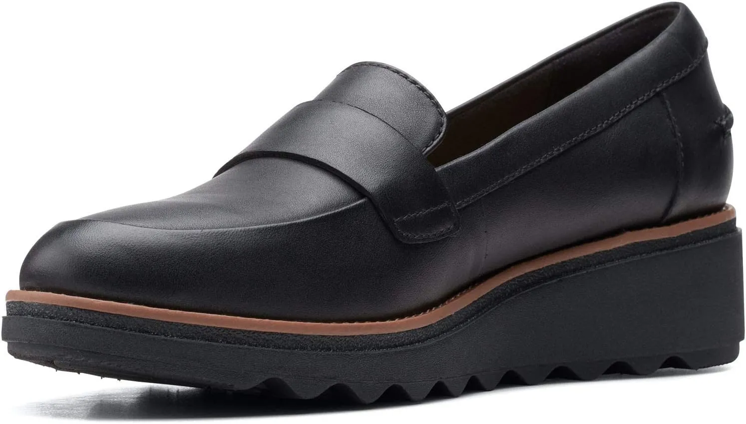 Clarks womens Sharon Gracie Penny Loafer, Black Leather With Dark Tan Welt, 5.5 US
