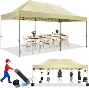COBIZI 10x20 Pop up Canopy Tent Heavy Duty Without Sidewalls, Easy Set-up Commercial Outdoor Party Tent, 100% Waterproof Wedding Gazebo, 3 Height Adjustable with Wheeled Bag, Khaki