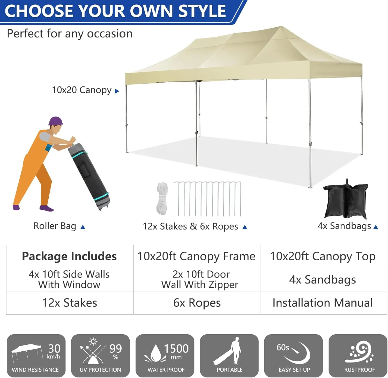 COBIZI 10x20 Pop up Canopy Tent Heavy Duty Without Sidewalls, Easy Set-up Commercial Outdoor Party Tent, 100% Waterproof Wedding Gazebo, 3 Height Adjustable with Wheeled Bag, Khaki