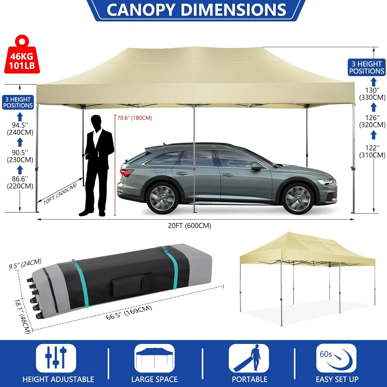 COBIZI 10x20 Pop up Canopy Tent Heavy Duty Without Sidewalls, Easy Set-up Commercial Outdoor Party Tent, 100% Waterproof Wedding Gazebo, 3 Height Adjustable with Wheeled Bag, Khaki