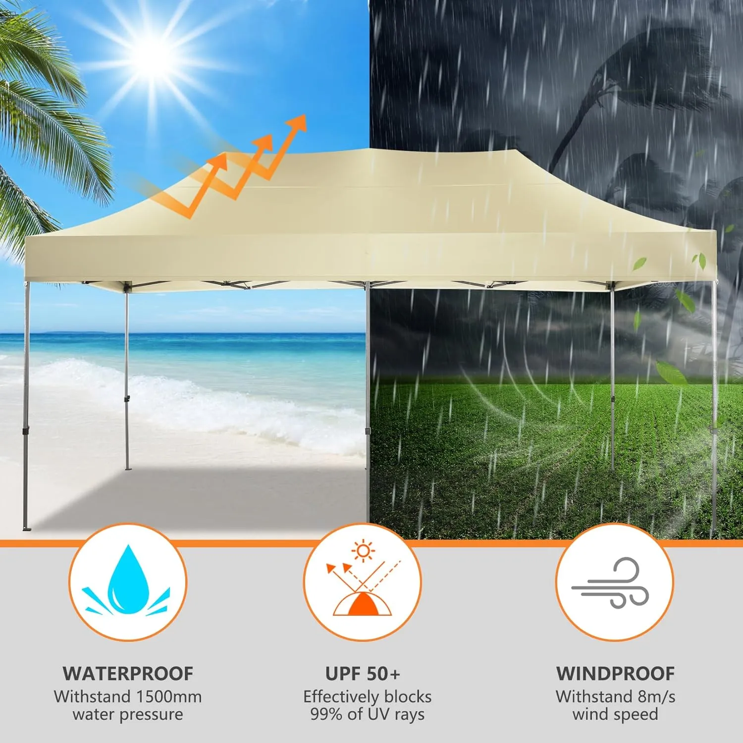 COBIZI 10x20 Pop up Canopy Tent Heavy Duty Without Sidewalls, Easy Set-up Commercial Outdoor Party Tent, 100% Waterproof Wedding Gazebo, 3 Height Adjustable with Wheeled Bag, Khaki