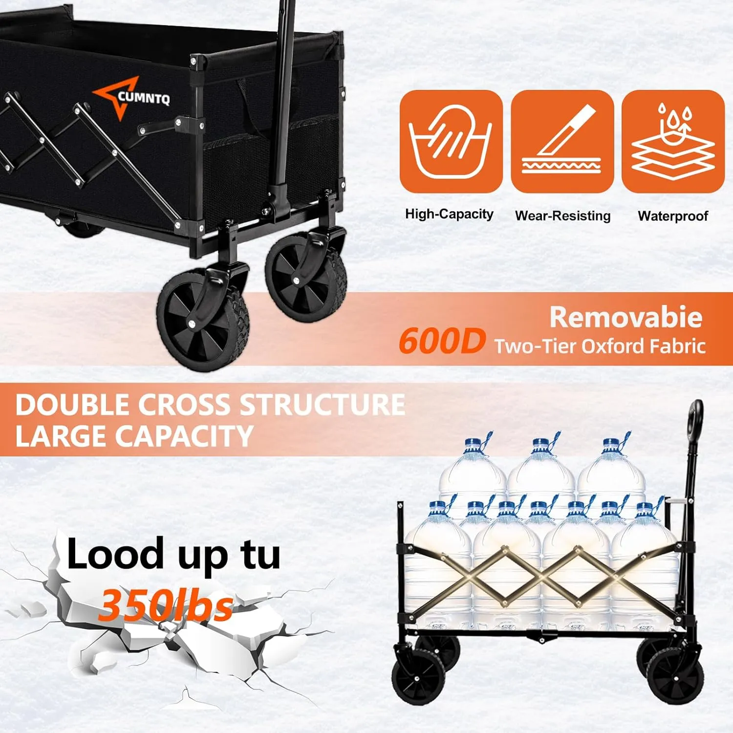 Collapsible Folding Wagon, 350lb Weight Capacity Collapsible Wagon with All-Terrain Wheels, Cup Holders and Adjustable Handle Utility Wagons, for Grocery Camping Garden Sports Shopping, Black