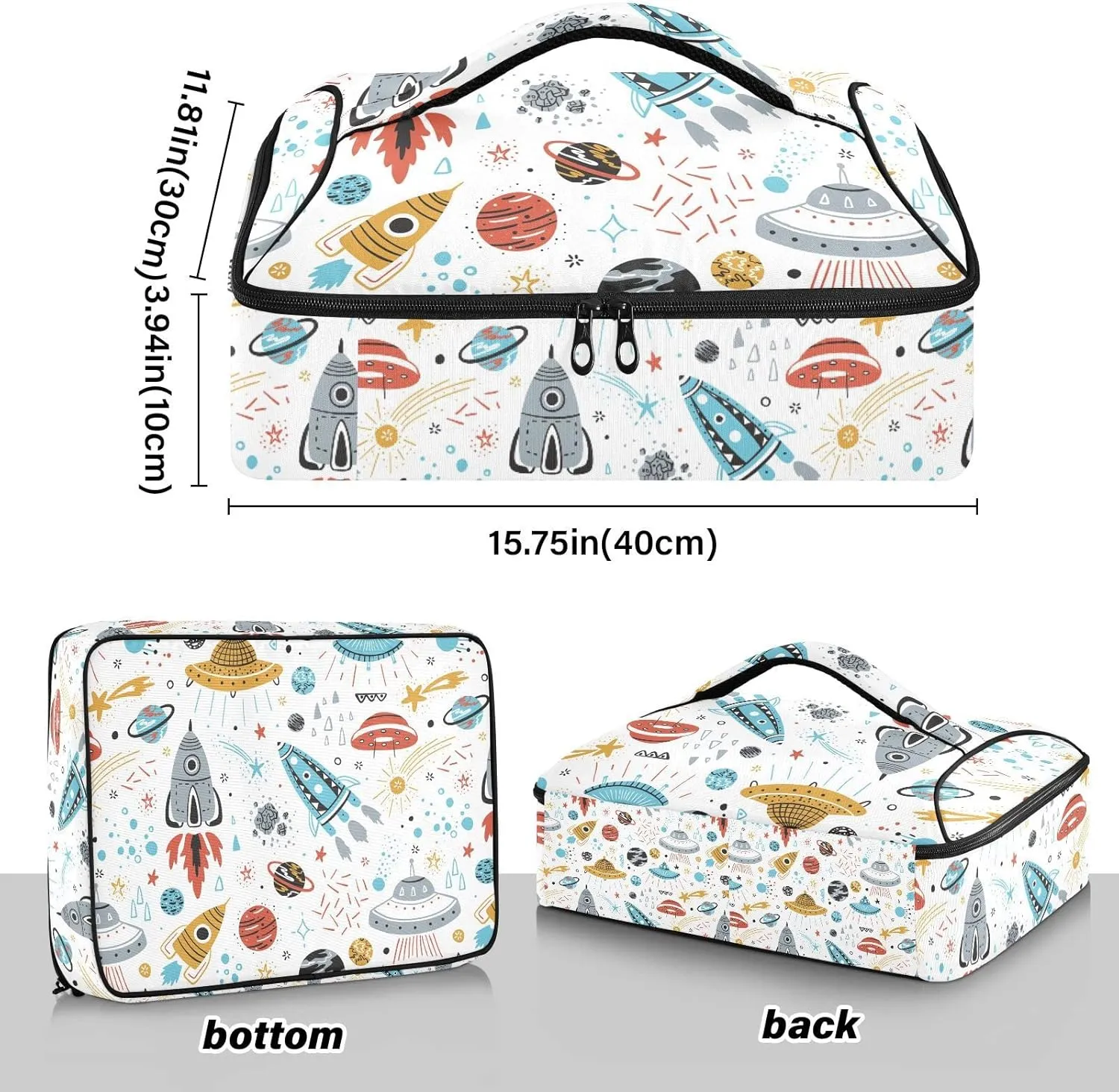 Colorful Rockets, Planets, Stars, Comets Seamles on White Leakproof Casserole Dish Carrier Bag with Lid, Warmer Insulated Tote Holder for Hot/Cold Food Party Picnic Lasagna Beach